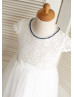 Ivory Lace Tulle Beaded Neckline Knee Length Flower Girl Dress 
